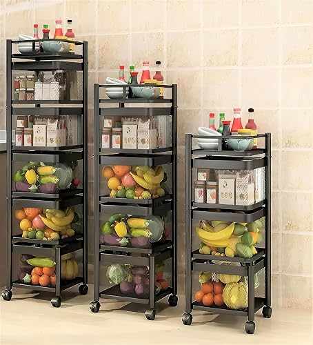 KWER Metal Kitchen Trolley Square Onion Baskets for Storage,Kitchen Accessories Items&Vegetable Basket for Kitchen Organizer Items&Storage Portable Kitchen Accessories with Wheels(Black,Layer-5)