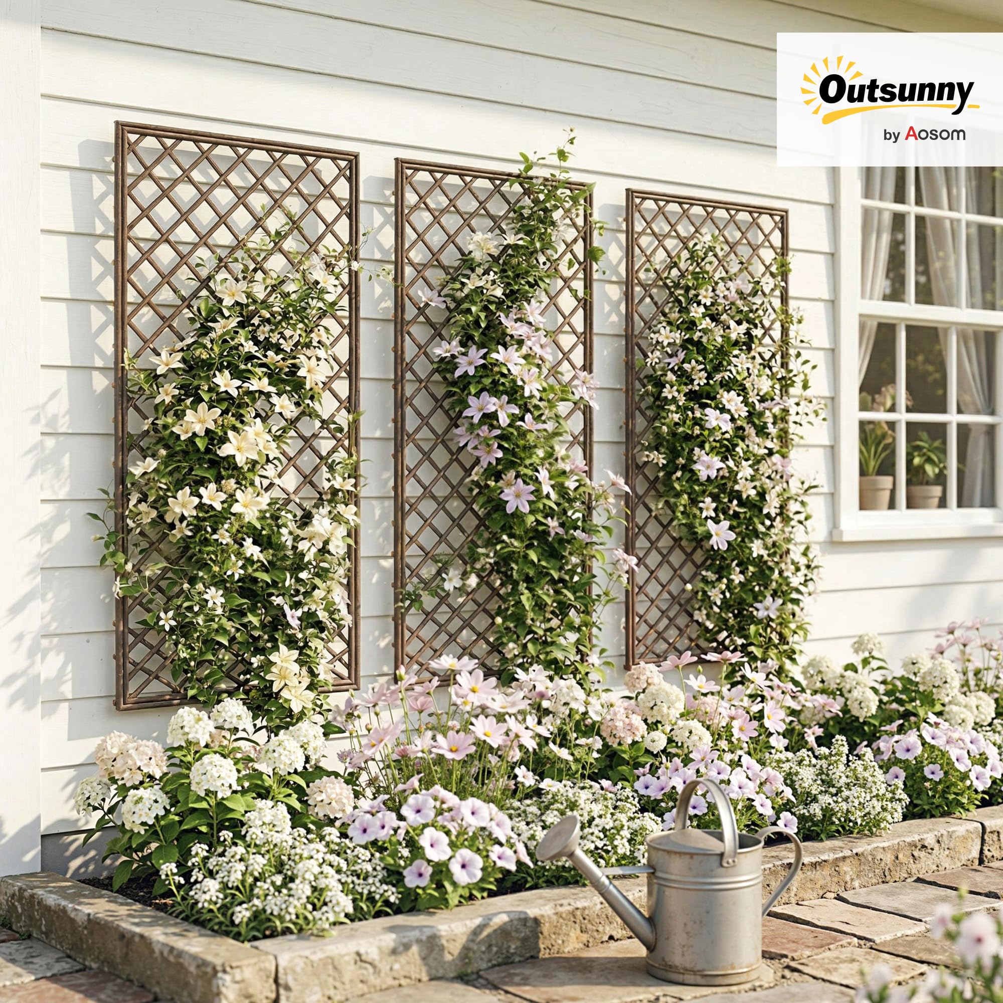 Outsunny Juego de 3 Enrejados de Jardín de Mimbre, Soportes para Plantas Trepadoras con Parte Superior Plana, para Frutas, Verduras, Flores, Decoración Exterior para Patio, 43x112 cm, Madera Natural