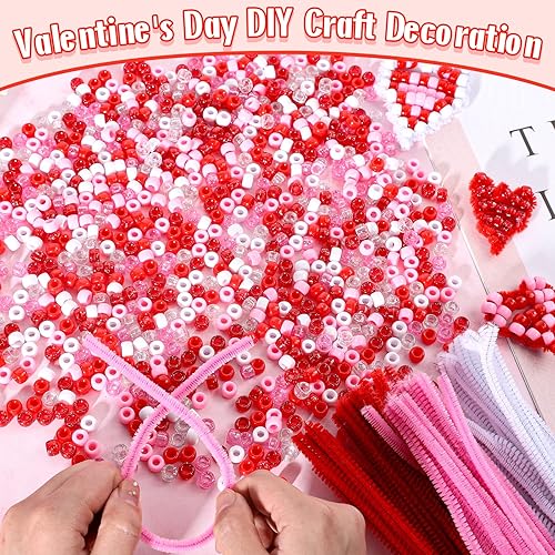 Miniatura 3 de Whaline 1000 cuentas mezcladas de poni para el día de San Valentín con 100 tallos de chenilla, limpiadores de tuberías de color rojo, rosa y blanco,