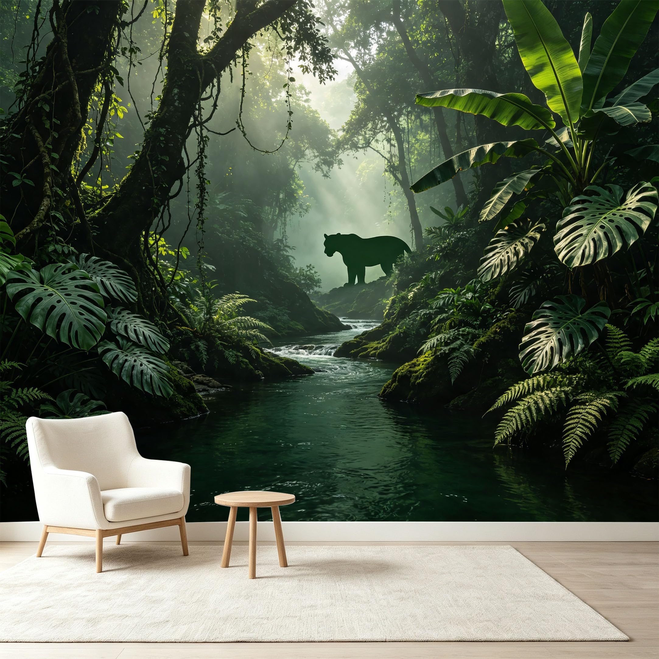 Custom Size Wall Murals Jungle Tropical Rainforest Panther Stream Silhouette 3D Self-Adhesive Wall Fabric Removable Wallpaper Wall Decor for Living Room Bedroom Bathroom