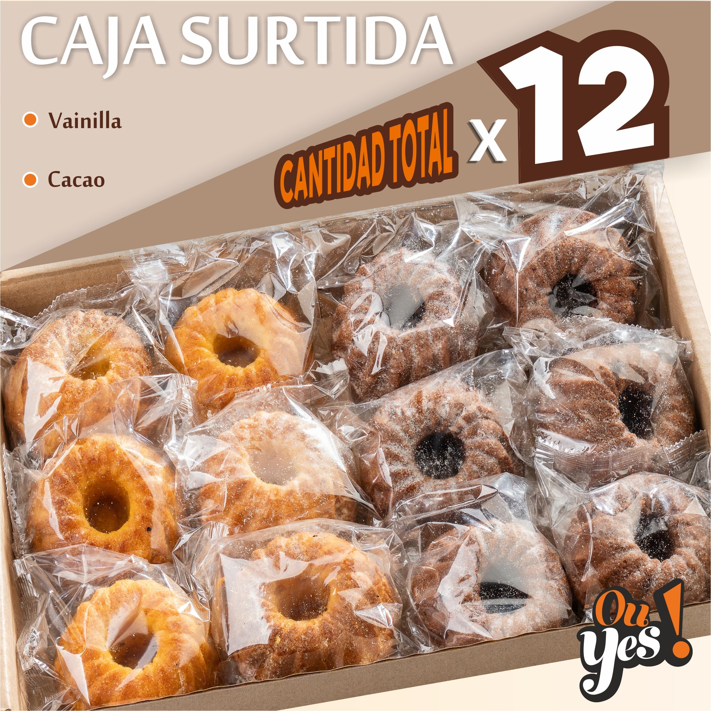Ou Yes! 12 uds. x 51 g - magdalenas mixtas de 2 variedades - vainilla y cacao - envueltas en envoltorio individual y en paquetes listos para llevar (peso neto 612 g)
