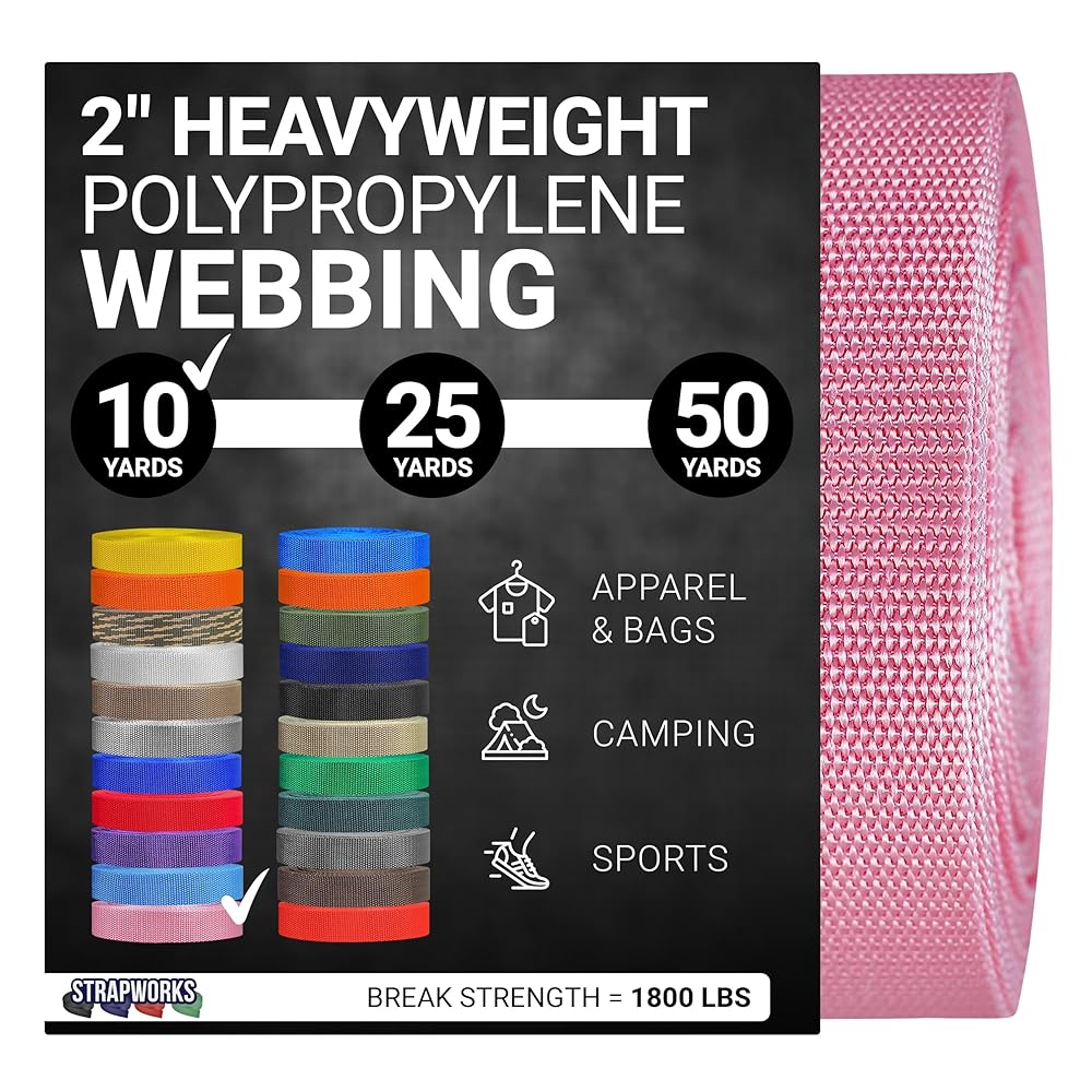 Strapworks Heavyweight Polypropylene Webbing - Heavy Duty Poly Strapping for Outdoor DIY Gear Repair, 2 Inch x 10 Yards - Pink
