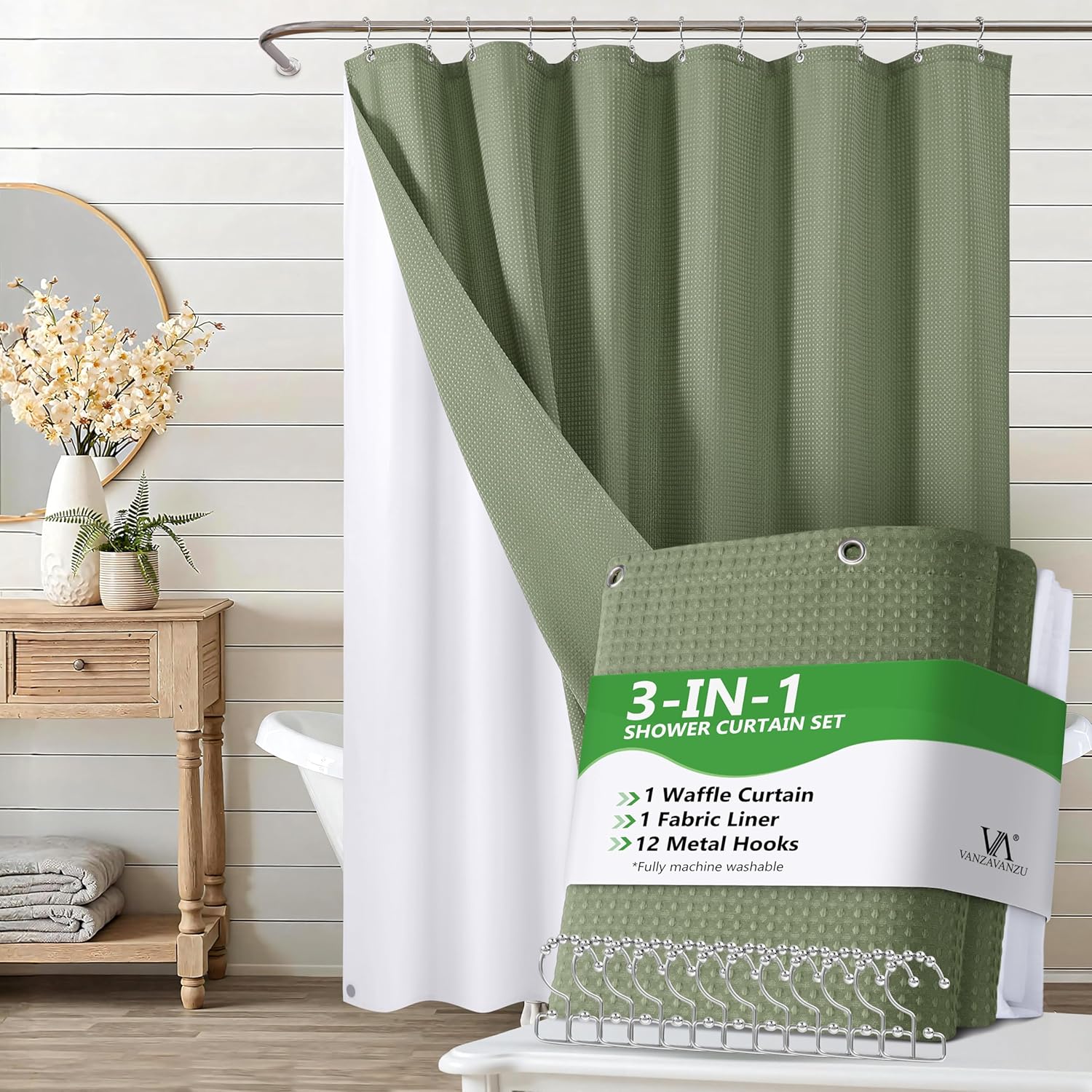 Vanzavanzu Luxury 3 in 1 Shower Curtain Set 3D Textured Waffle Weave with Waterproof Liner & 12 Stainless Steel Hooks, 72"x84" Green