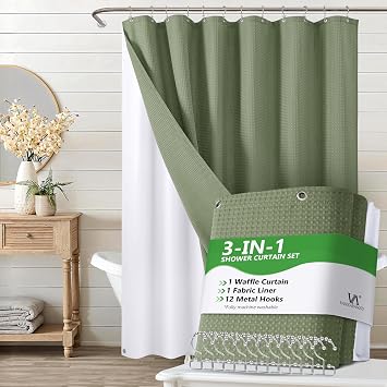 VANZAVANZU Luxury 3 in 1 Shower Curtain Set 3D Textured Waffle Weave Bathroom Curtain with Waterproof Certified Fabric Liner & 12 Anti-Fall Stainless Steel Hooks, Machine Washable 72"x84" Green