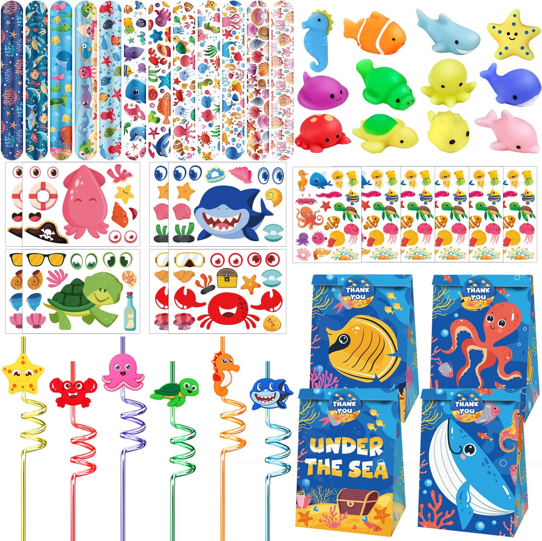 Under the Sea Party Favors 72 PCS Ocean Sea Animals Theme Slap Bracelets Squishy Toys DIY Stickers Temporary Tattoos Plastic Straws Gift Bags for Kids Birthday Party Baby Shower Goodie Bag Fillers