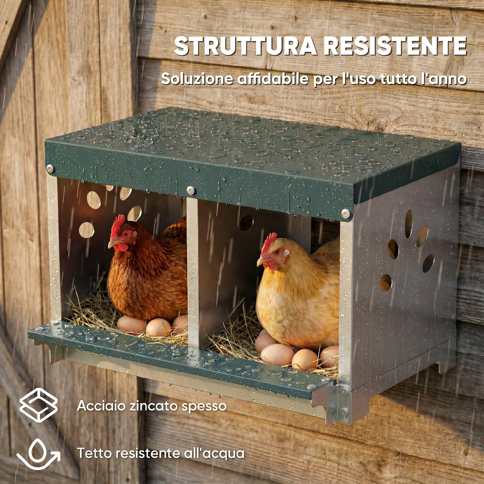 PawHut Nido per Galline Ovaiole in Acciaio a 2 Aree con Base Rialzata e Tetto, Nido Galline con Fori di Ventilazione, Facile da Pulire, 54.5x42.5x35.5 cm, Argento
