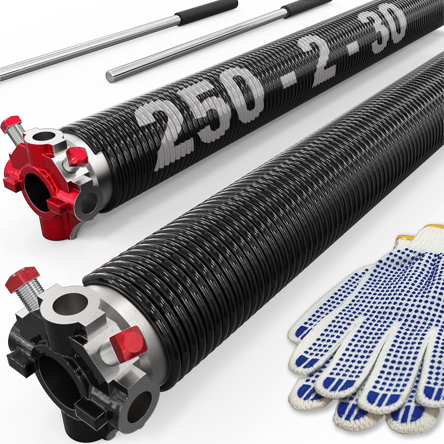 3-Pieces Bundle - Garage Door Torsion Springs (0.250x2x30), Winding Bars Tool, 8.5ft Garage Door Cables & Standard Lift Cable Drums