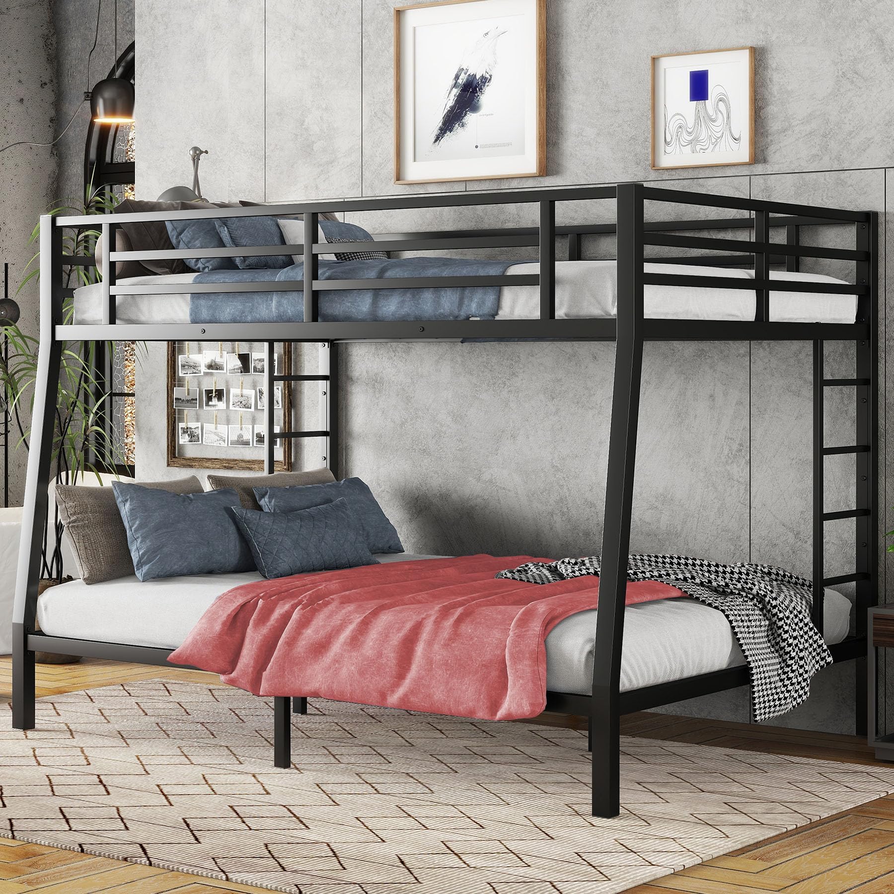 Full XL Over Queen Bunk Bed,Heavy Duty Metal Bunk Bed Frame for Adults,2 Side Ladder,Guardrail,Space-Saving,Noise Reduced,No Box Spring Needed,Black (Full XL Over Queen)