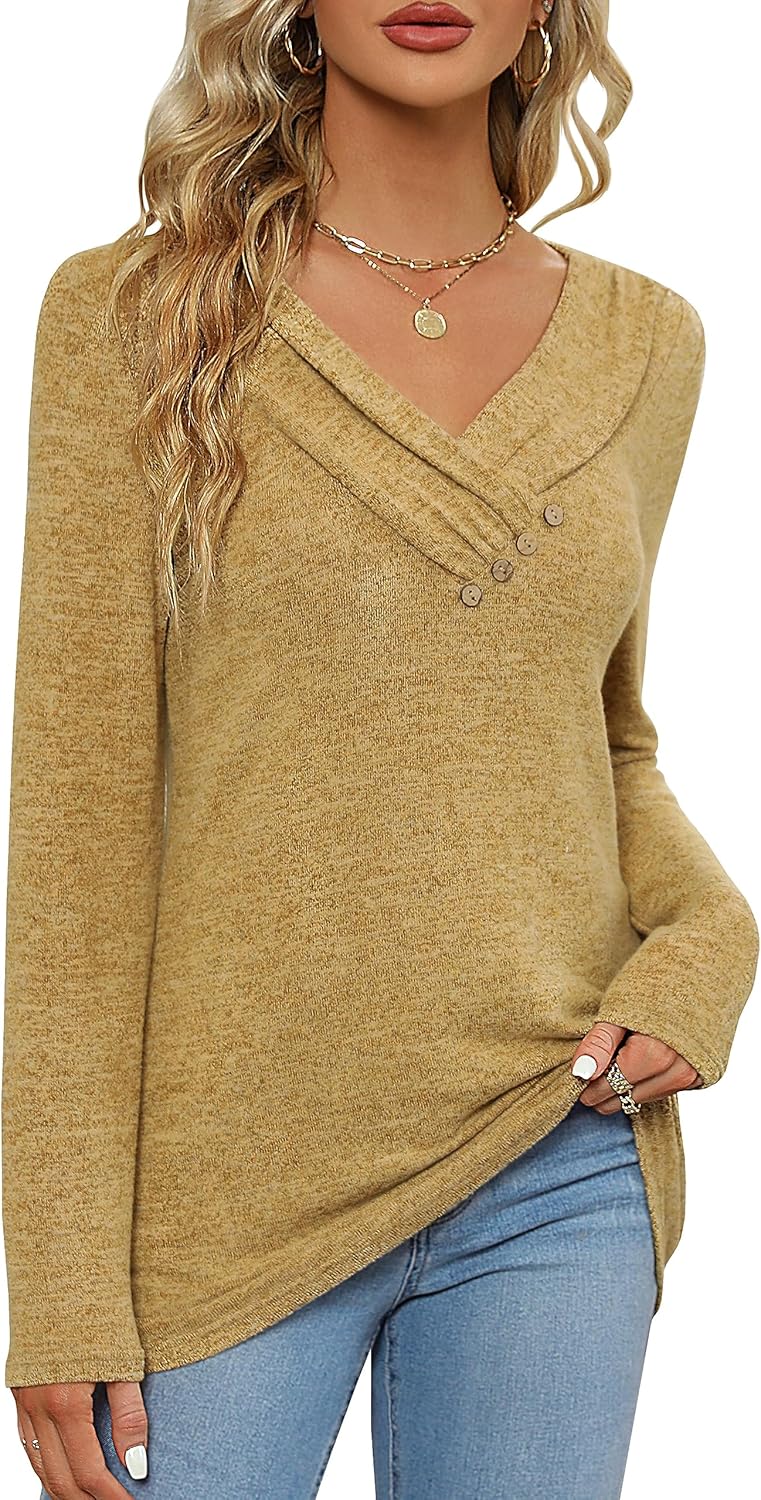 Women's Fall Long Sleeve Tunic Tops for Leggings V Neck Button Casual Blouse Sweatshirt - Image 4
