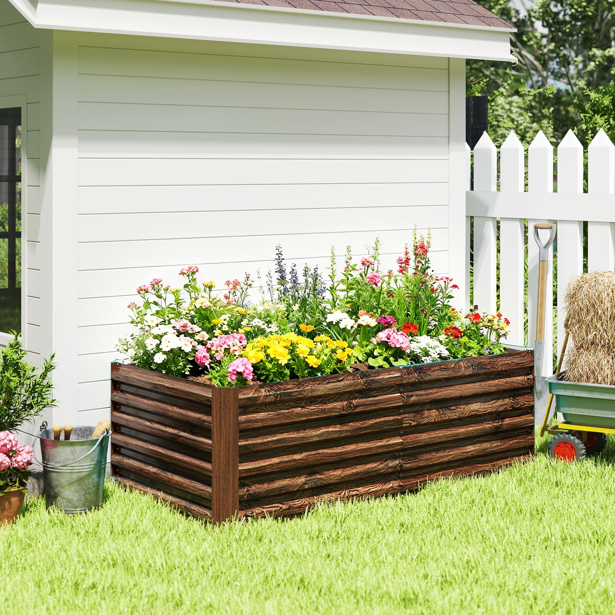 Outsunny Letto per Orto Rialzato da Esterno 180x90x57.5 cm Marrone Scuro | Fondo Aperto, Barre di Supporto, Fioriera da Esterno in Acciaio Zincato, per Fiori Verdure, Balcone Giardino