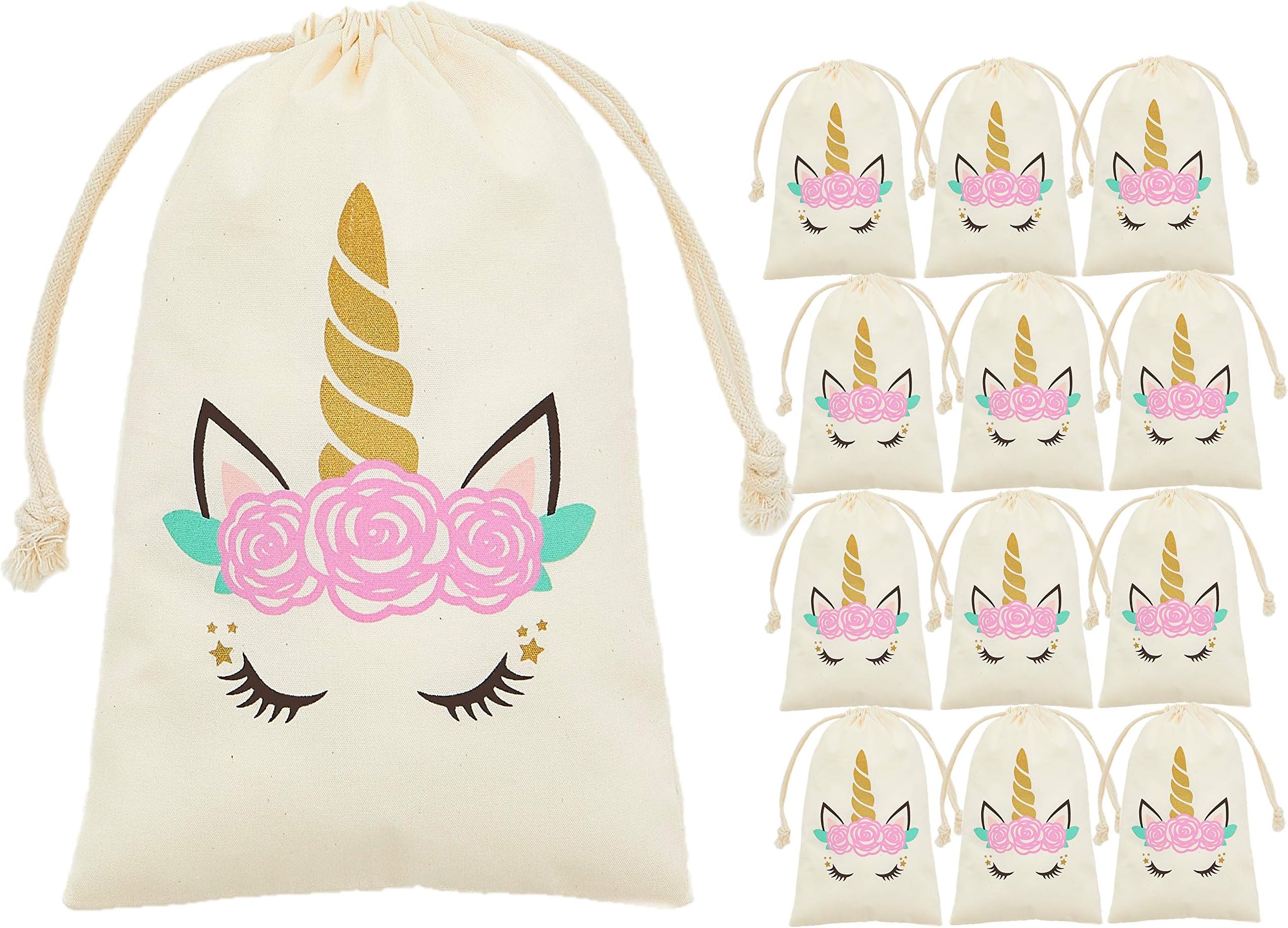 Unicorn party bags supplies - 12 party favor bags for treats, gifts and candy - Drawstring goodie bags for girls birthday party