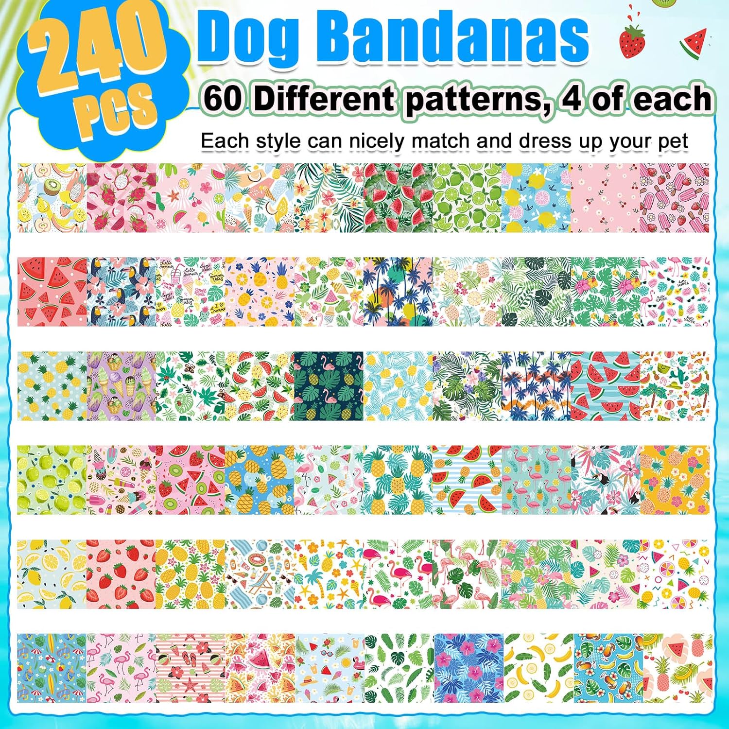 Geyoga 240 Pcs Dog Bandanas Bulk Summer Fruit Bandanas for Dogs Triangle Pet Bibs Scarf Adjustable Neckerchief for Puppy Small Medium Large Pet Costume Accessories