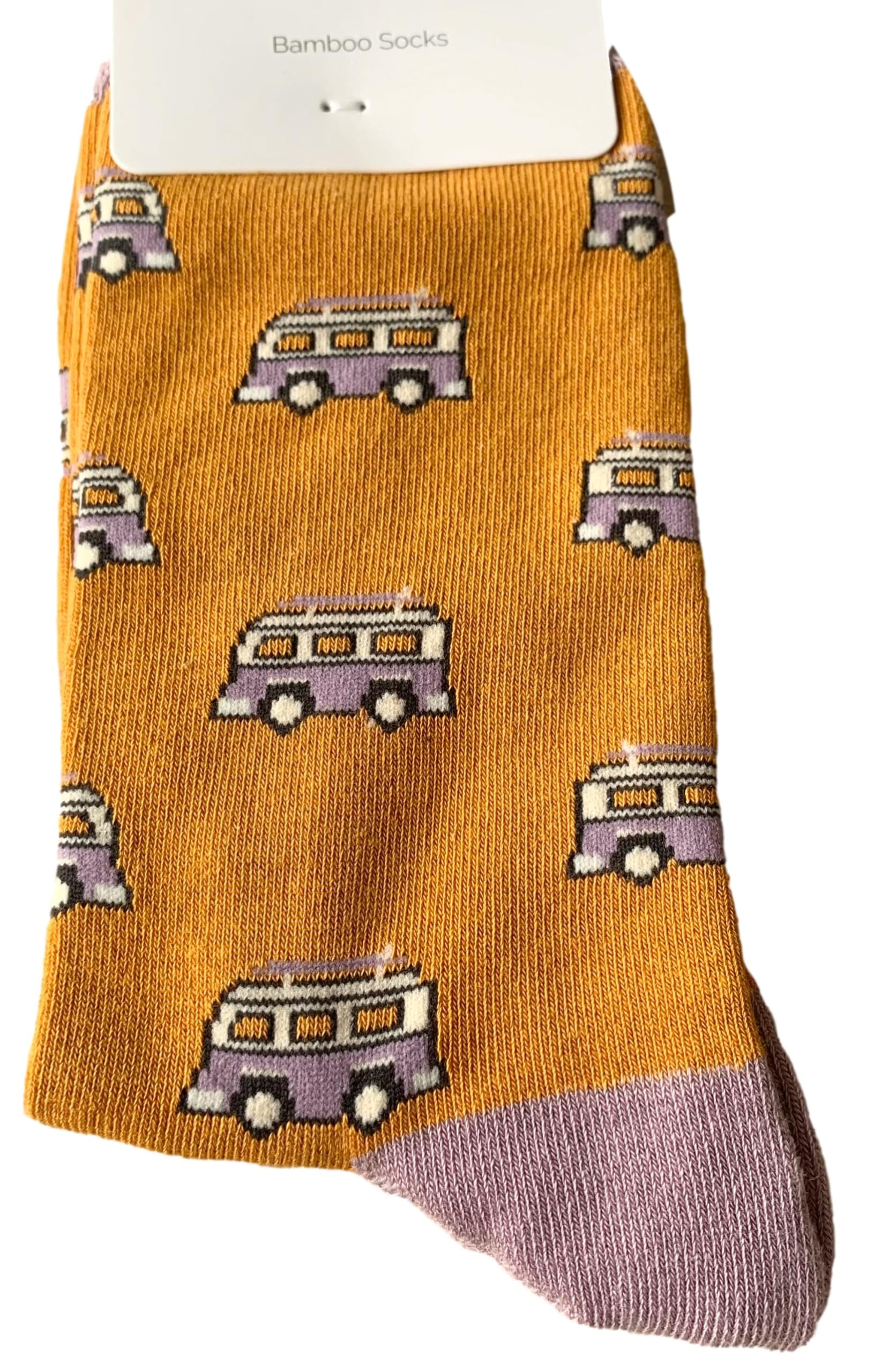 Purple Possum® Mens Socks Camper Van Novelty Cotton Bamboo Campers Mustard Yellow Size 7-11 Gents Fun Socks