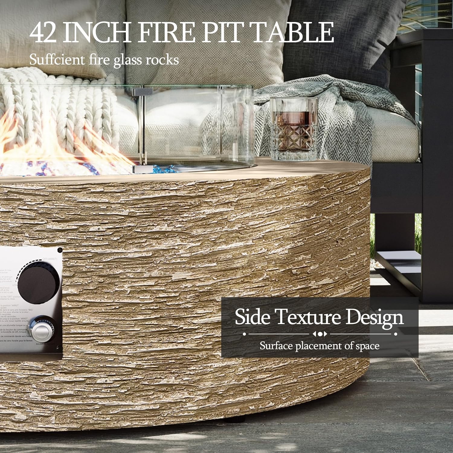UPHA 42-inch Outdoor Propane Gas Fire Pit Table 50000 BTU Concrete Round FirePit for Outside Patio with Propane Tank Cover, Wind Guard, Blue Glass Rocks, Rain Cover, Beige