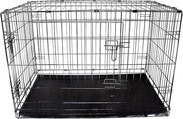 Dog Crate Large 36 inch Black Sturdy Metal Frame Double Access Front and Side Door Removable ABS Plastic Tray Puppy Training Pet Cage Car Boot Safety Travel Foldable Flat Easy Assembly Clean Storage