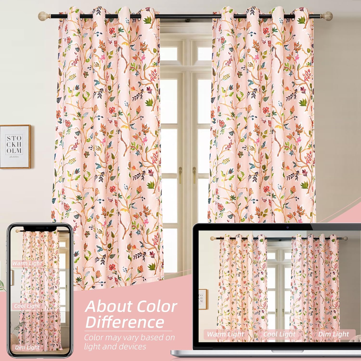 DriftAway Lauren Pink Blackout Curtains for Bedroom Colorful Watercolor Branch Printed Pattern Lined Thermal Insulated Grommet Drapes 2 Panels for Girls Living Room 90 Inch Soft Pink