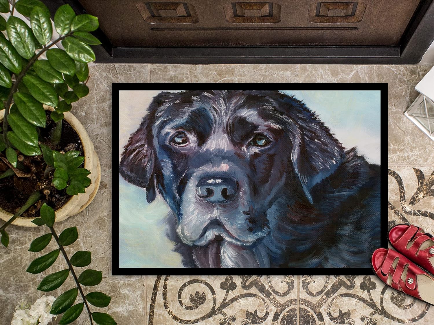 Caroline's Treasures 7419MAT Black Labrador Face Doormat 18x27 Front Door Mat Indoor Outdoor Rugs for Entryway, Non Slip Washable Low Pile, 18H X 27W
