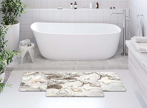 Miniatura 6 de Juego de 2 tapetes de cocina con diseño de mármol, antifatiga, antideslizantes, color blanco y gris, cómodos tapetes acolchados de cuero de PVC,