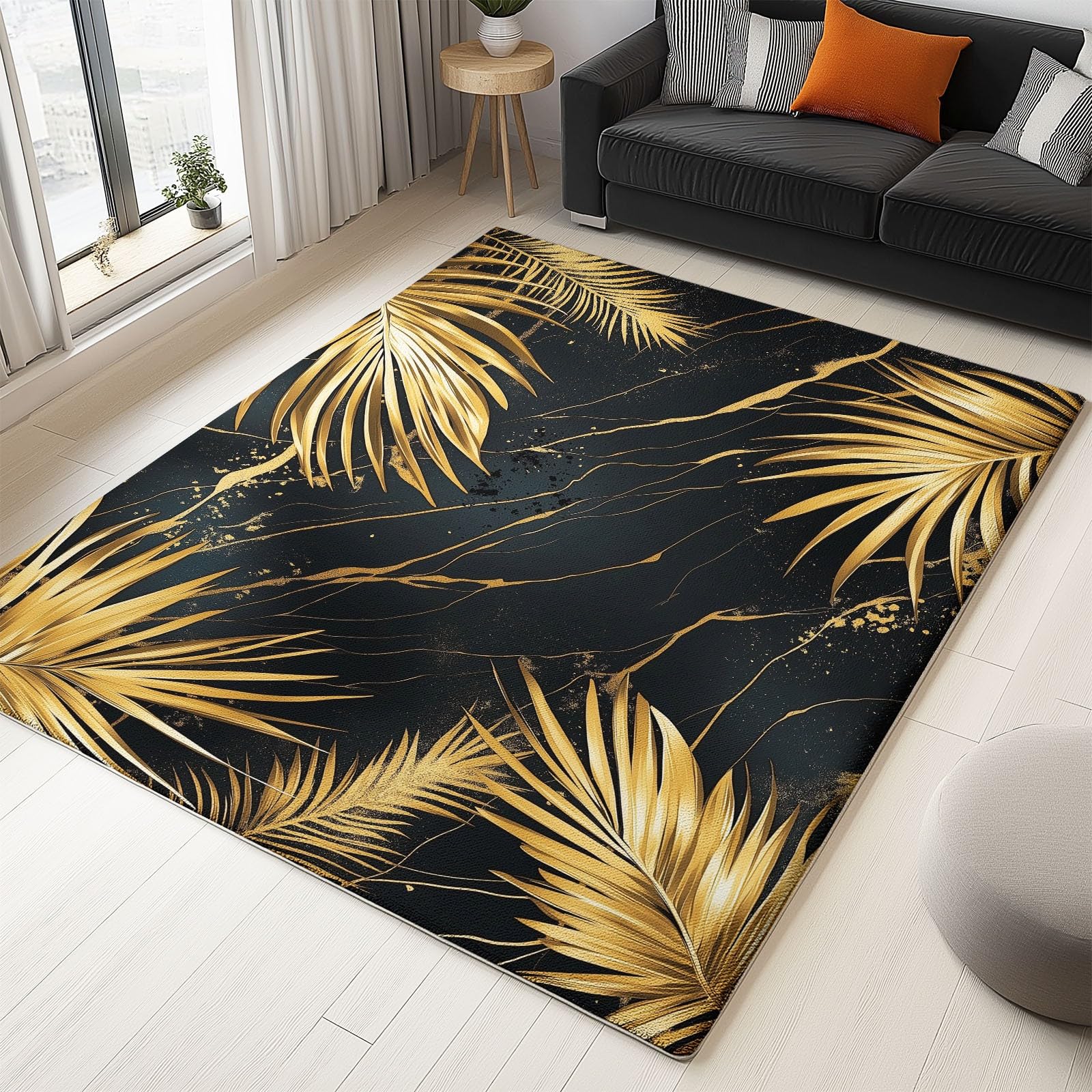 Feuilles Palmier Dorées Tapis 180x240 cm Tapis Noir Poils Courts Doux, Moquette Lavable Antidérapant pour Chambre Salon Salle à Manger Décoration Maison