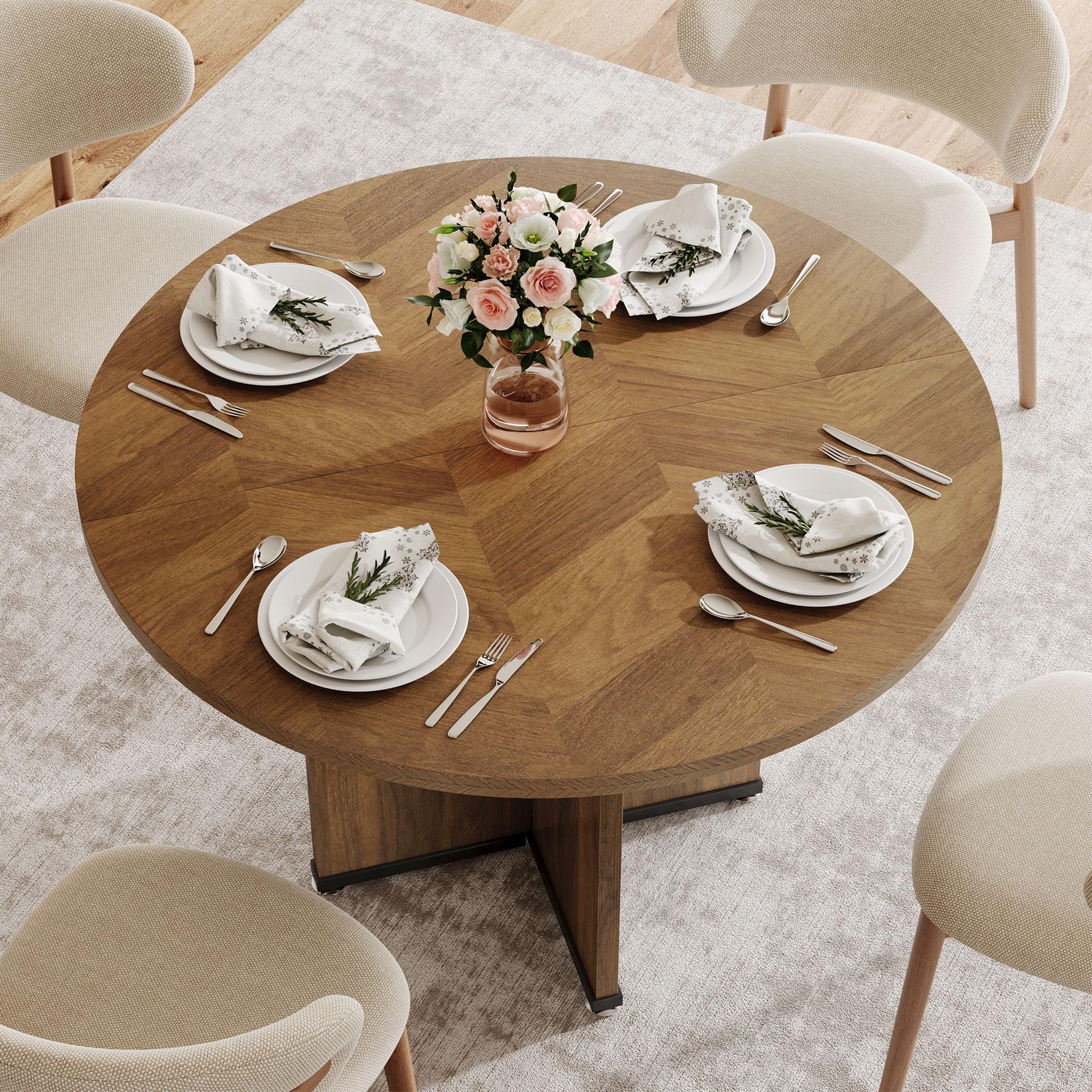 TRIBESIGNS Mesa De Comedor Redonda Para 4 Personas, Mesa De Cocina De 100 Cm, Estilo Rústico, Mesa De Cocina De Madera De Diseño Industrial, Pequeña Mesa De Comedor Redonda Para Comedor, Cocina
