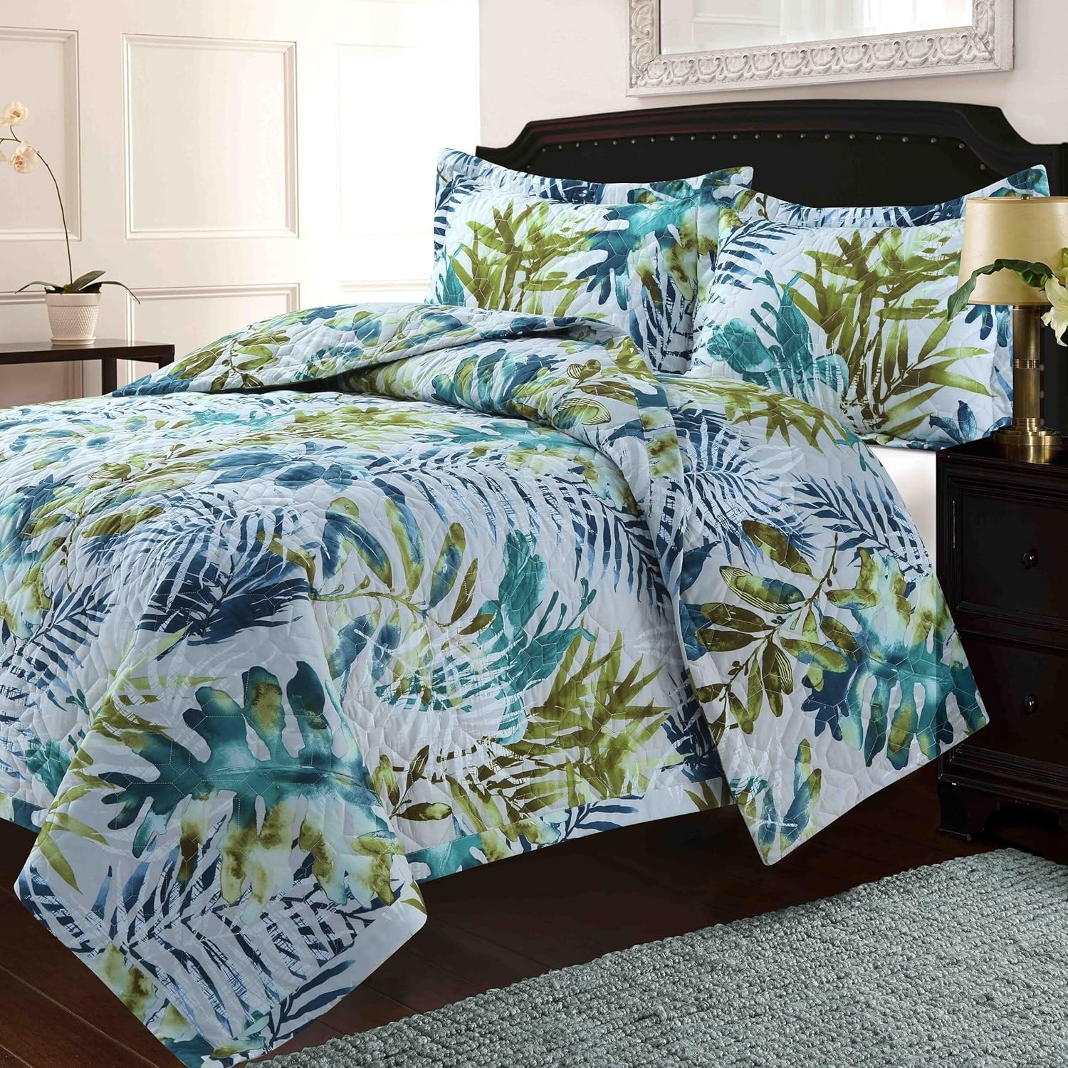 Tribeca Living Floquilttwbl Lyon Floral Printed Oversized Geometric Quilt Set, Twin, Multi