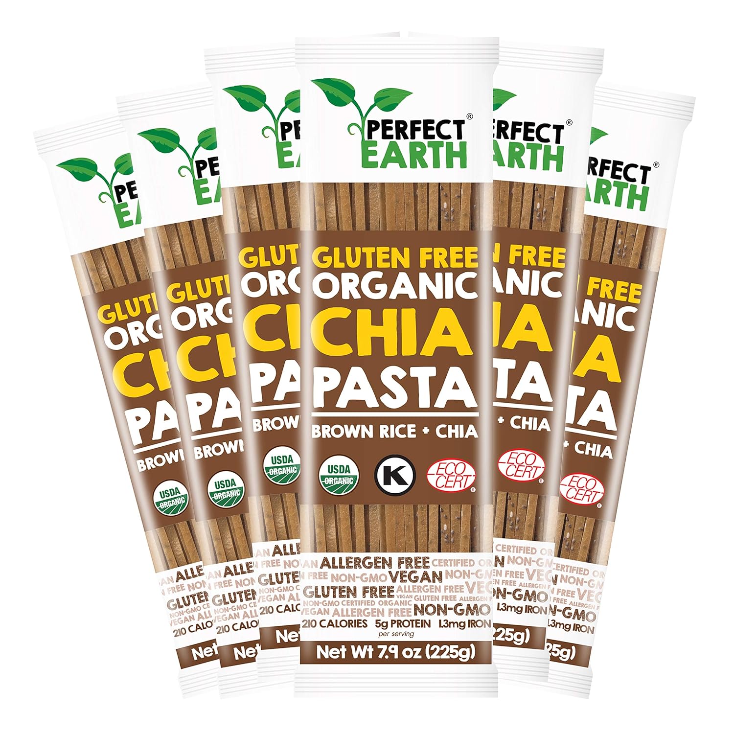 Perfect Earth Organic Brown Rice Pasta with Chia Seeds - Organic, Vegan, Keto, Kosher, Allergen-Free, Gluten-Free, Low Carb Pasta - For Healthy, Delicious, and Convenient Meals - 6 Pack (7.9 Oz Each)