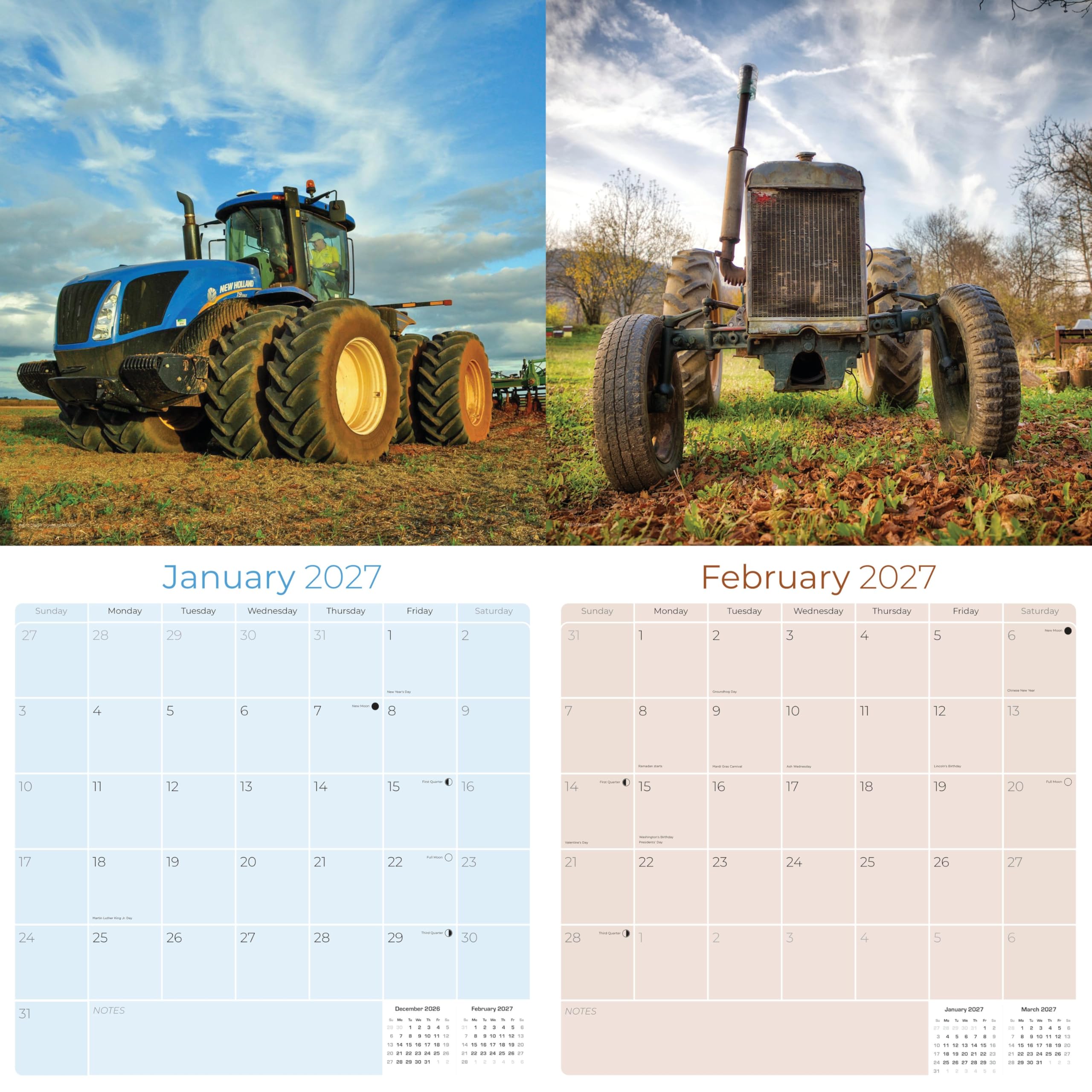 Calendario de tractores 2025 2026, planificador mensual de pared de 16 meses, 12 x 24 pulgadas, papel grueso que no se corre, cuadrícula grande, calendario de regalo para profesores, hogar, oficina