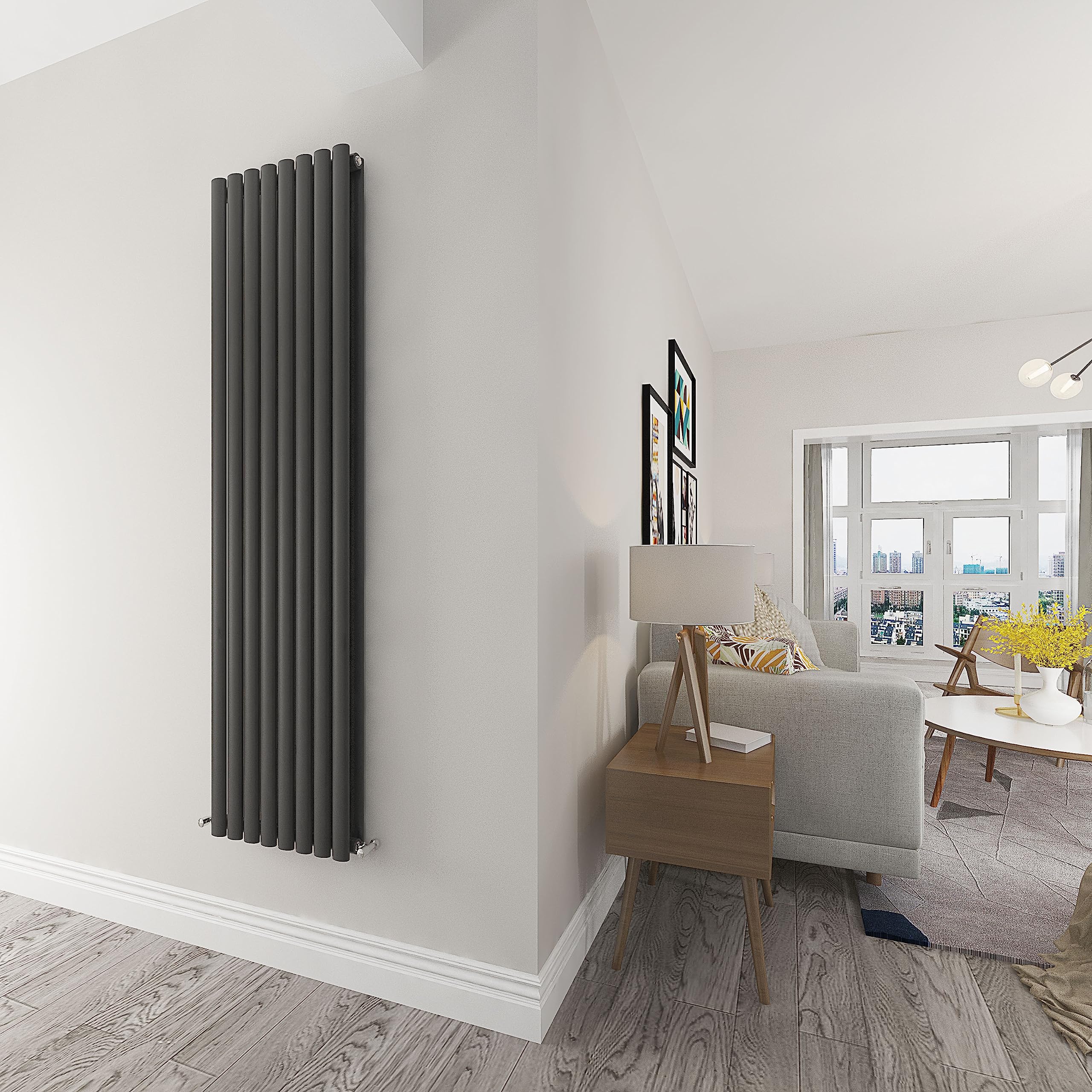 Skybathroom | 1800x472mm Vertical Anthracite Oval Double Panel Tall Upright Central Heating Radiator