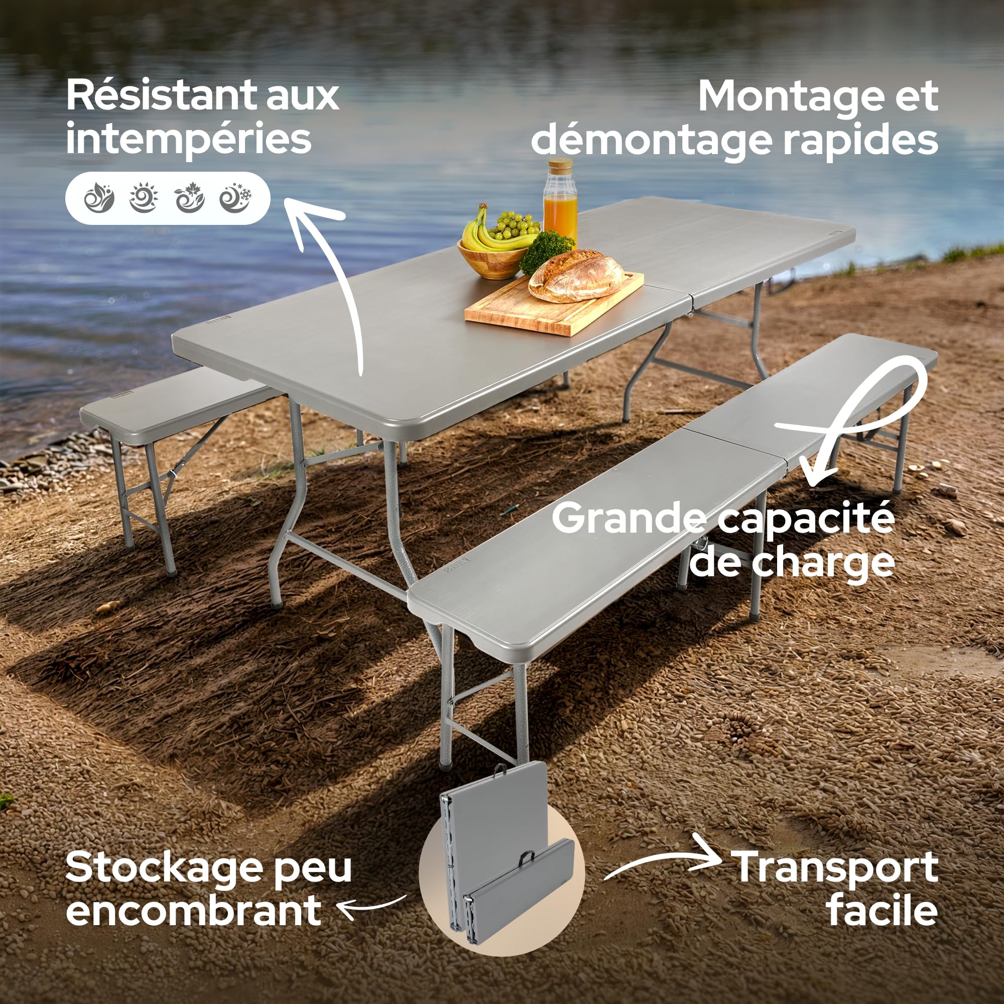 AREBOS Set de Tente à Bière 3 Pièces | Table + 2 Bancs Pliables avec Poignée | pour Intérieur et Extérieur | Table de Camping & Jardin | Couleur Anthracite