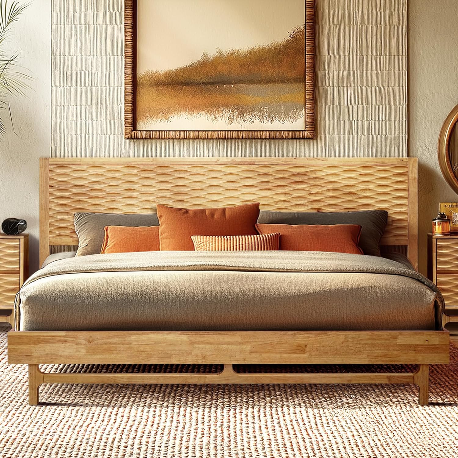 Acacia Elara King Platform Bed Frame – Solid Wood Bed with Headboard, Sculpted Spearhead Pattern, Natural Oak Finish, 800lbs Capacity, No Box Spring Needed, Mid-Century Style
