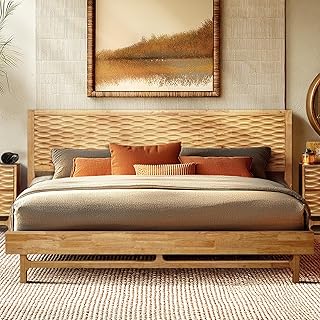 Acacia Elara King Platform Bed Frame – Solid Wood Bed with Headboard, Sc...