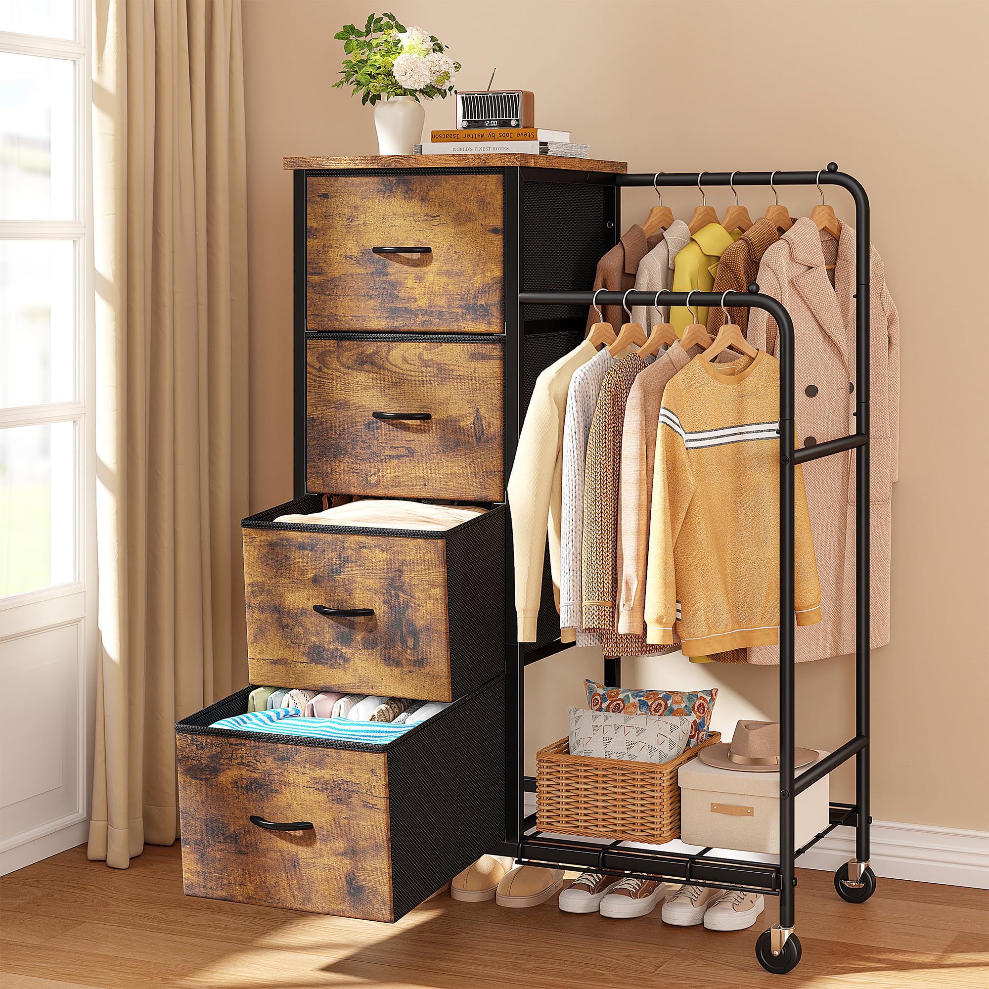 Cliporix Tall 4-Drawer Chest of Drawers with Hanging Rail, Rustic Brown