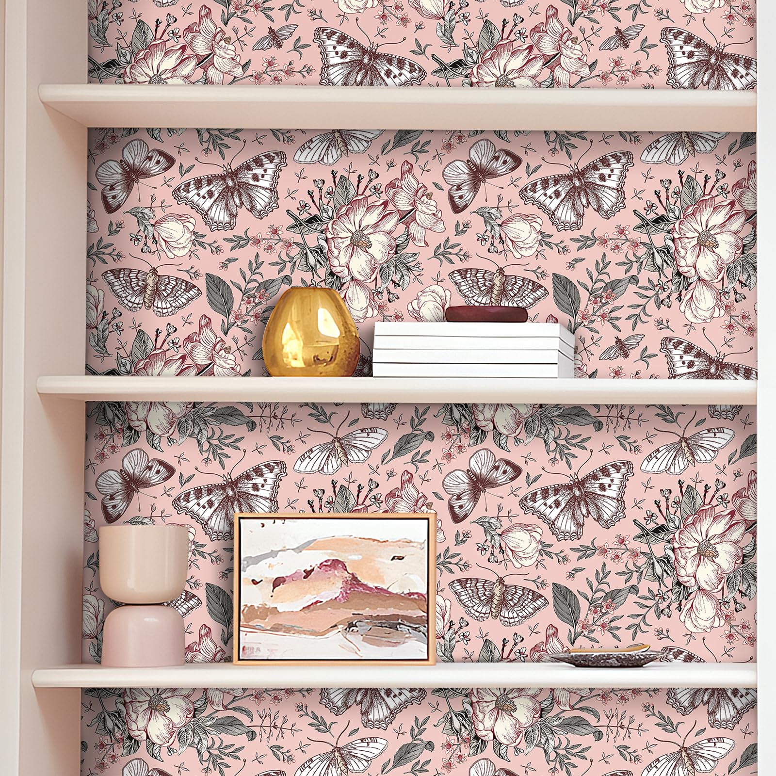 FunStick 44.5CMx9M Papel Pintado Autoadhesivo Flores Rosa Mariposas Revestimiento Armarios Cocina Niñas Impermeable Papel Tapiz Floral Mariposa Botánica Estantes Comedor Vinilo Adhesivo Muebles Rosa