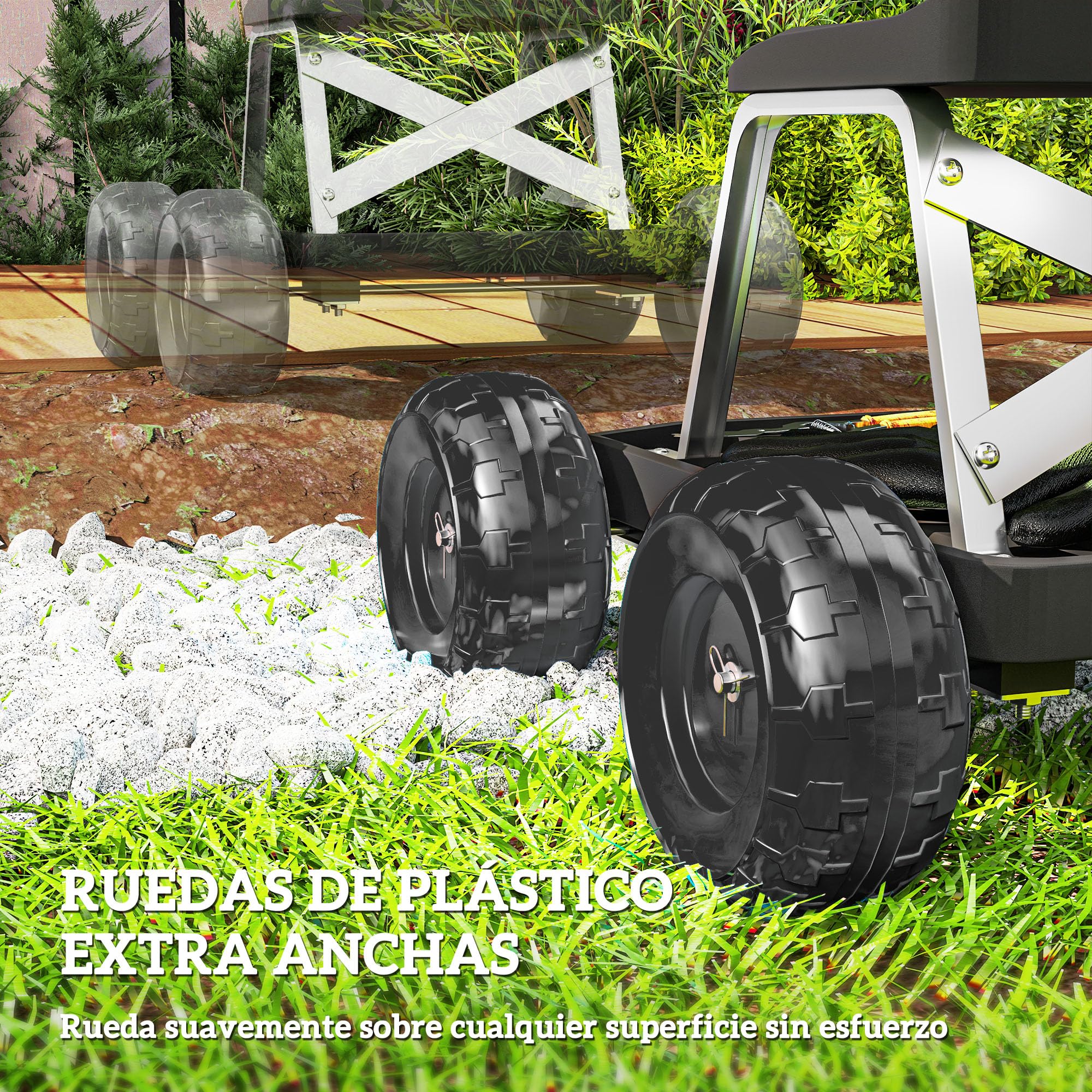 Outsunny Asiento de Jardín con Ruedas Taburete de Jardinería con Bandeja de Herramientas Carrito para Trabajo Carga 130 kg para Patio Exterior Negro
