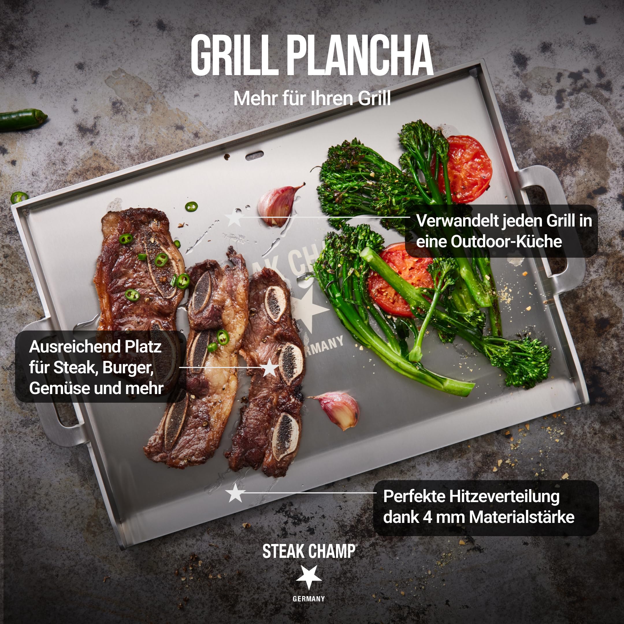 Steakchamp Grill Plancha, 4,2 kg: Grillplatte für Kohle- und Gasgrill, aus Edelstahl, mit praktischen Tragegriffen und angewinkelter Frontseite
