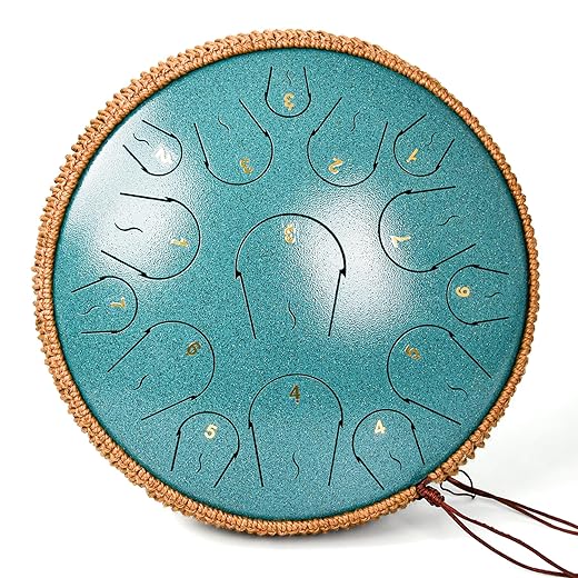 Steel Tongue Drum - 14 Inch 15 Note Tongue Drum - Hand Pan Drum with Music Book, Handpan Mallets and Carry Bag, C Major, Malachite Green
