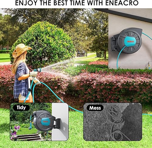 Miniatura 3 de ENEACRO Carrete de manguera de jardín retráctil con soporte de pared de 12 pulgadas x 120 pies con boquilla de manguera de 10 patrones, conector de