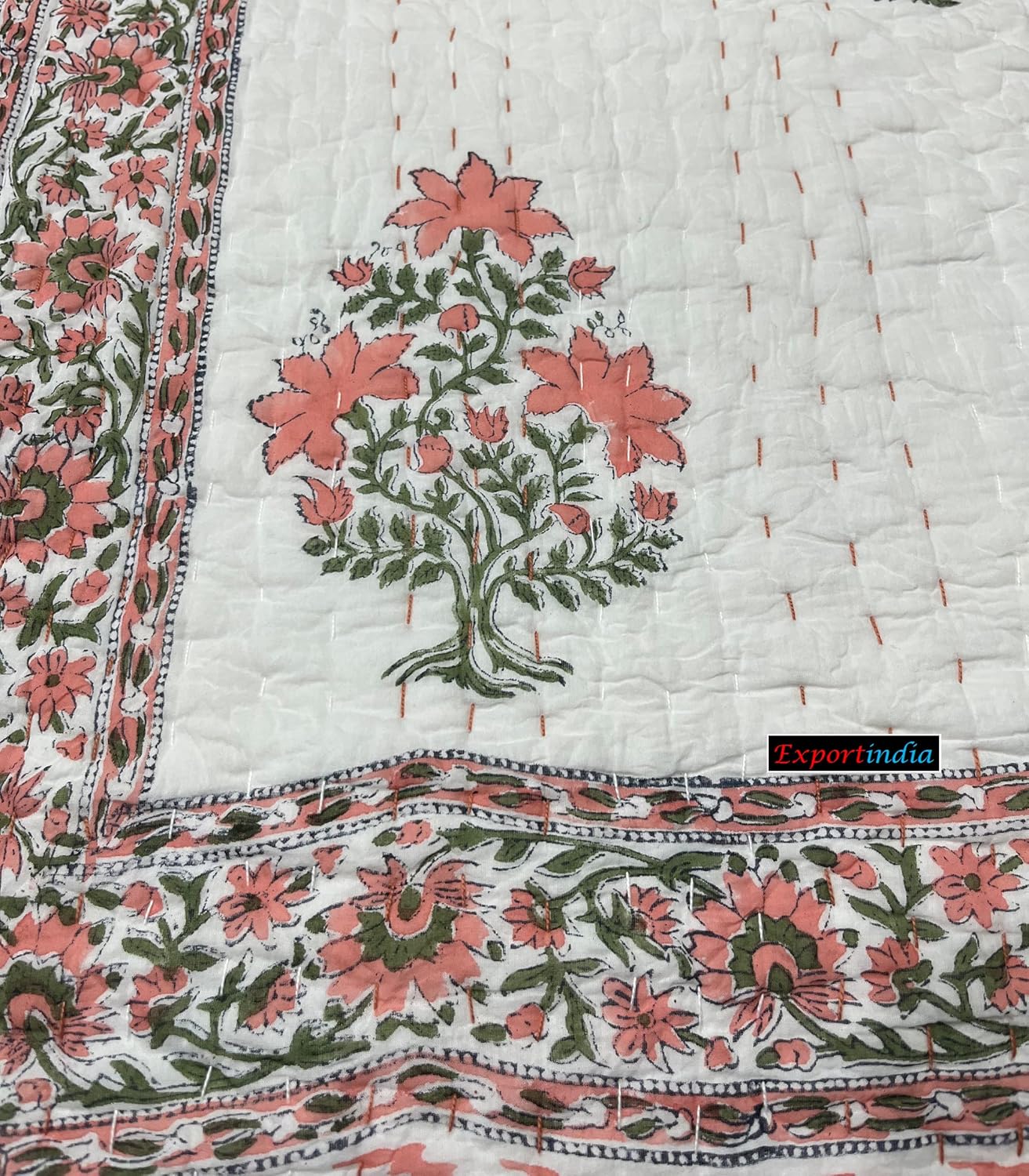 New Hand Block Print Kantha Quilt Cotton Jaipuri Hand Made Cotton Kantha Quilt Blanket Bedding Throw Hand Block Print (Pink, King/Queen Size 90x108 Inch)
