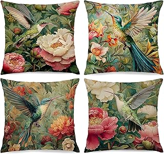Vintage William Morris Floral Hummingbird Pillow Cover 18x18 Set of 4,Ru...