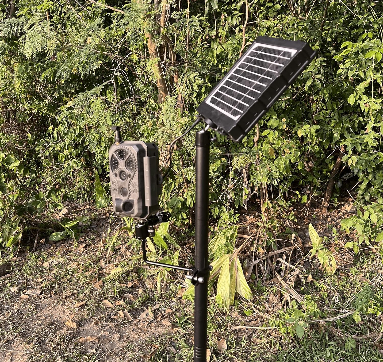 Xtellar 6' Heavy Duty Trail Camera Mount with Solar Panel Arm - 2-in-1 Adjustable Steel Ground Stake, 360° Swivel Mounts, 3-Spike Base for Hunting/Outdoor Security Camera & Solar Panel