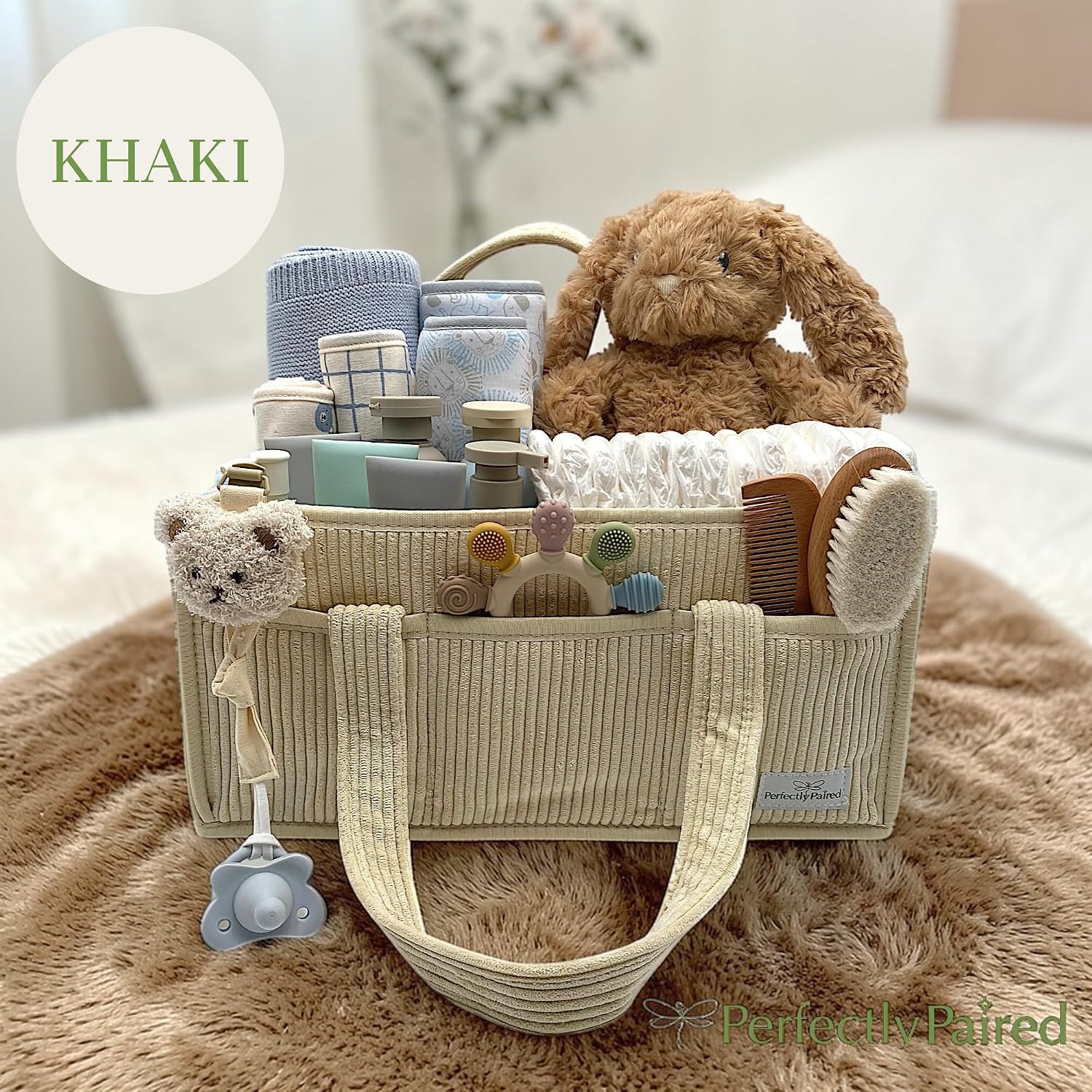 Baby Diaper Caddy, Pacifier Clip and Teether-Storage for Newborn Essentials, Portable Diaper Caddy with Handles, Baby Shower Basket, Nursery Organizer with Dividers (Khaki)