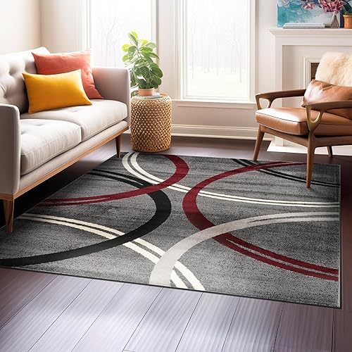 Miniatura 273 de Rugshop - Alfombra moderna con diseño de círculos ondulados Negro -,Azul,Marrón,Gris,Rojo -,Amarillo