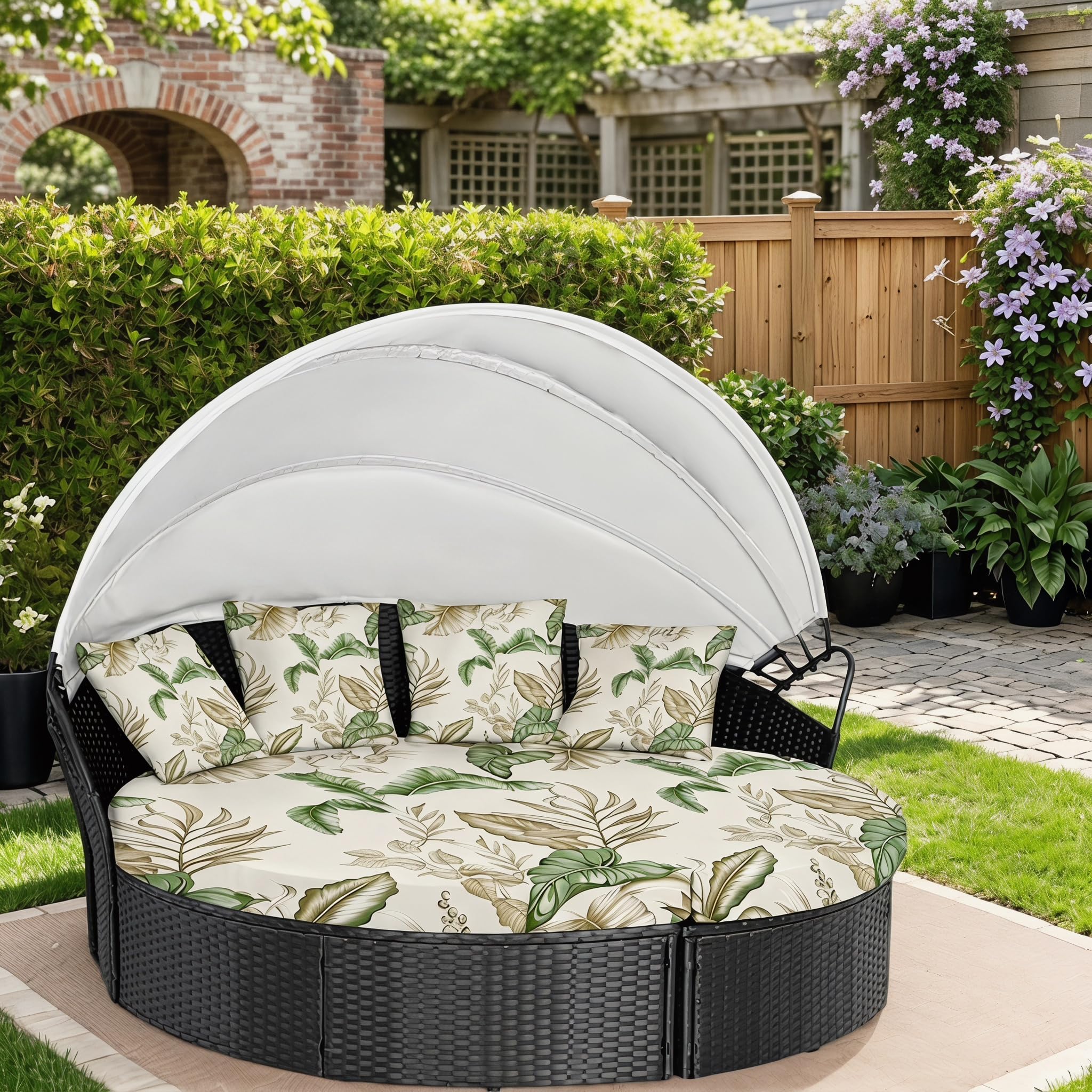 LiveGo Outdoor Daybed Cushion Cover, 66" Replacement Daybed Cover with Elastic Band, Sun Bed Cushion Cover, Outdoor Round Bed Cushion Covers (Leaves D, 4 Quarters Round Covers + 3 Pillow Covers)