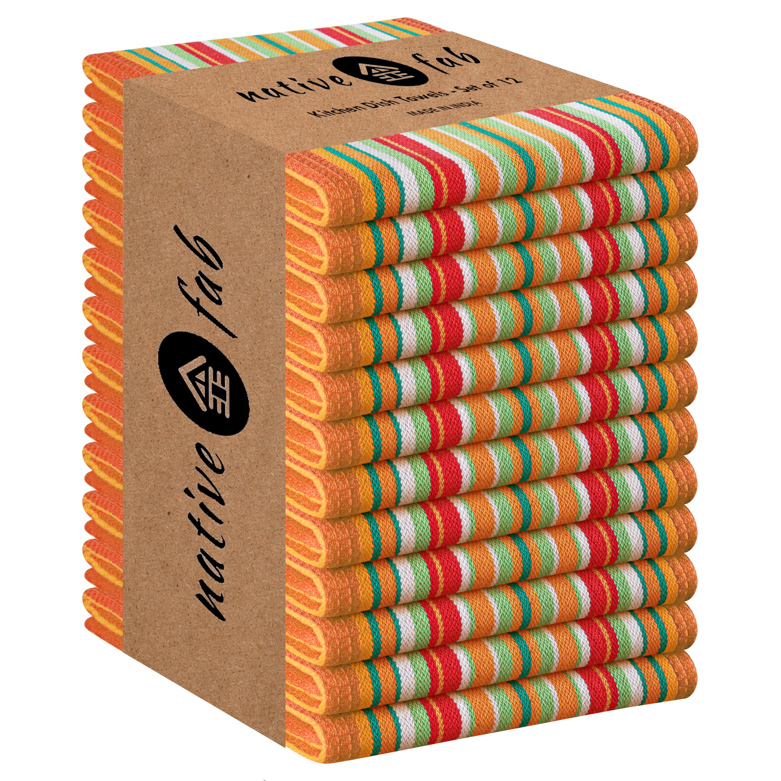 Native Fab Mexican Salsa Stripe Dish Towels, 12 Pack, 18x28, Super Absorbent, 100% Cotton Kitchen Towels for Drying, Reusable and Durable Washable Towels for Everyday Cooking and Cleaning, Orange