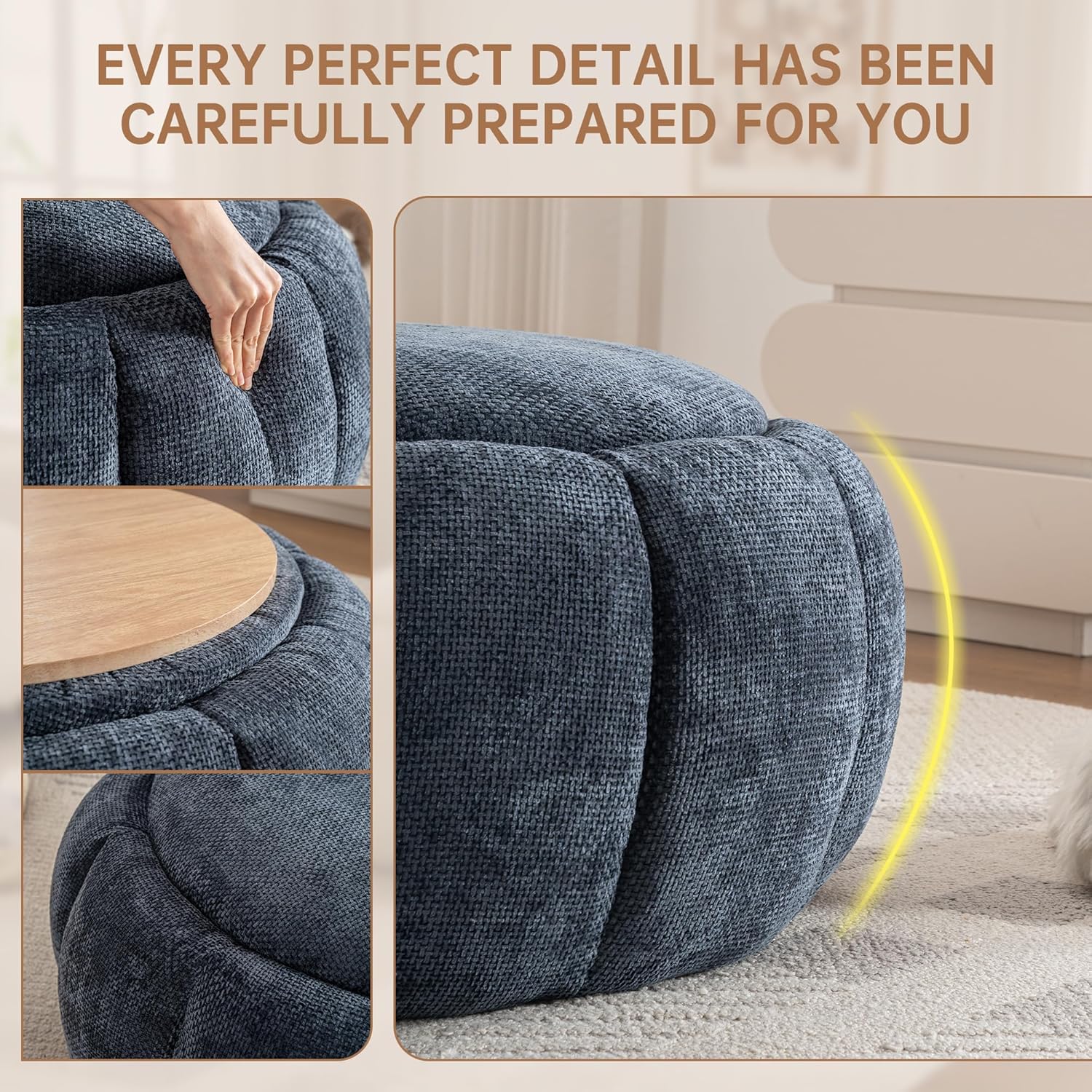 32 Inch Round Storage Ottoman Reversible Tray Lid – Multi-Functional Footrest,Oversized Coffee Table & Ottoman Footrest for Living Room Bedroom,Nursery,Kidsroom,Cute Pouf Home Decor (Blue)