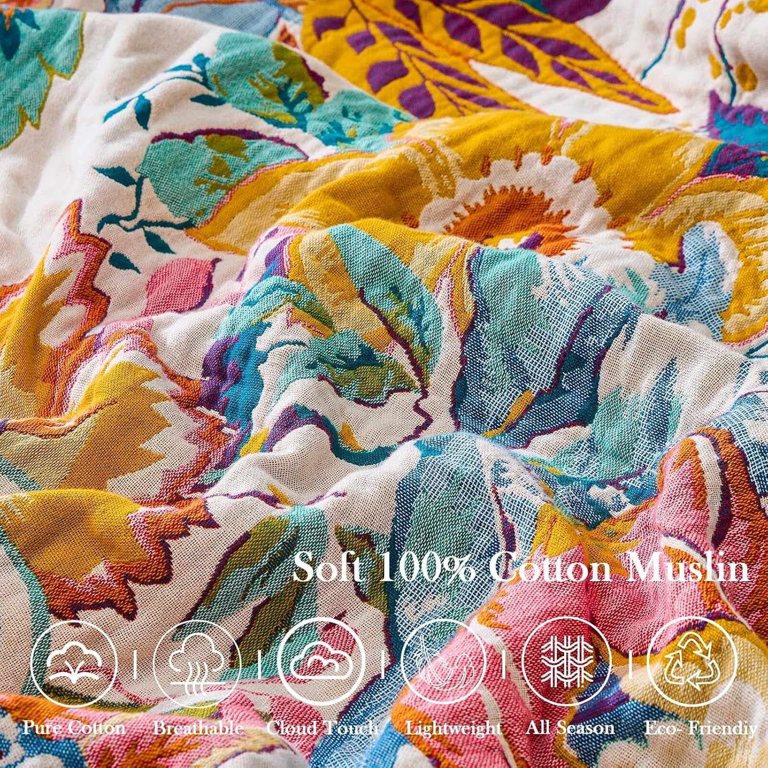 Farmhouse Throw Blanket, 60"x 80" Boho Throw Blankets for Couch Cover, 100% Cotton Bohemian Vintage Quilt for All Seasons Reversible Florals Lightweight Picnic Blankets Home Decoration - Image 6