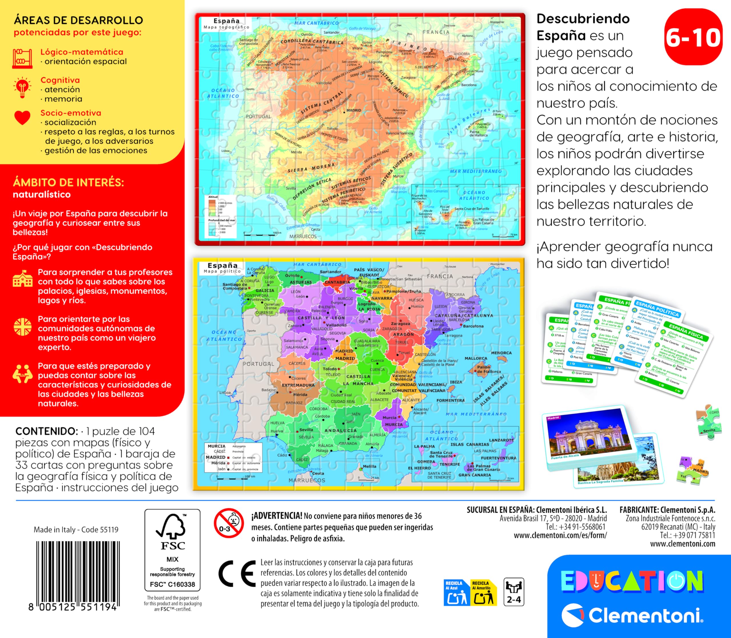 Clementoni - Descubriendo España, Juego Educativo Infanti - A Partir de 6 años - Puzzle Doble Cara del Mapa Físico y Político - Aprende Geografía y Cultura Española, 55119