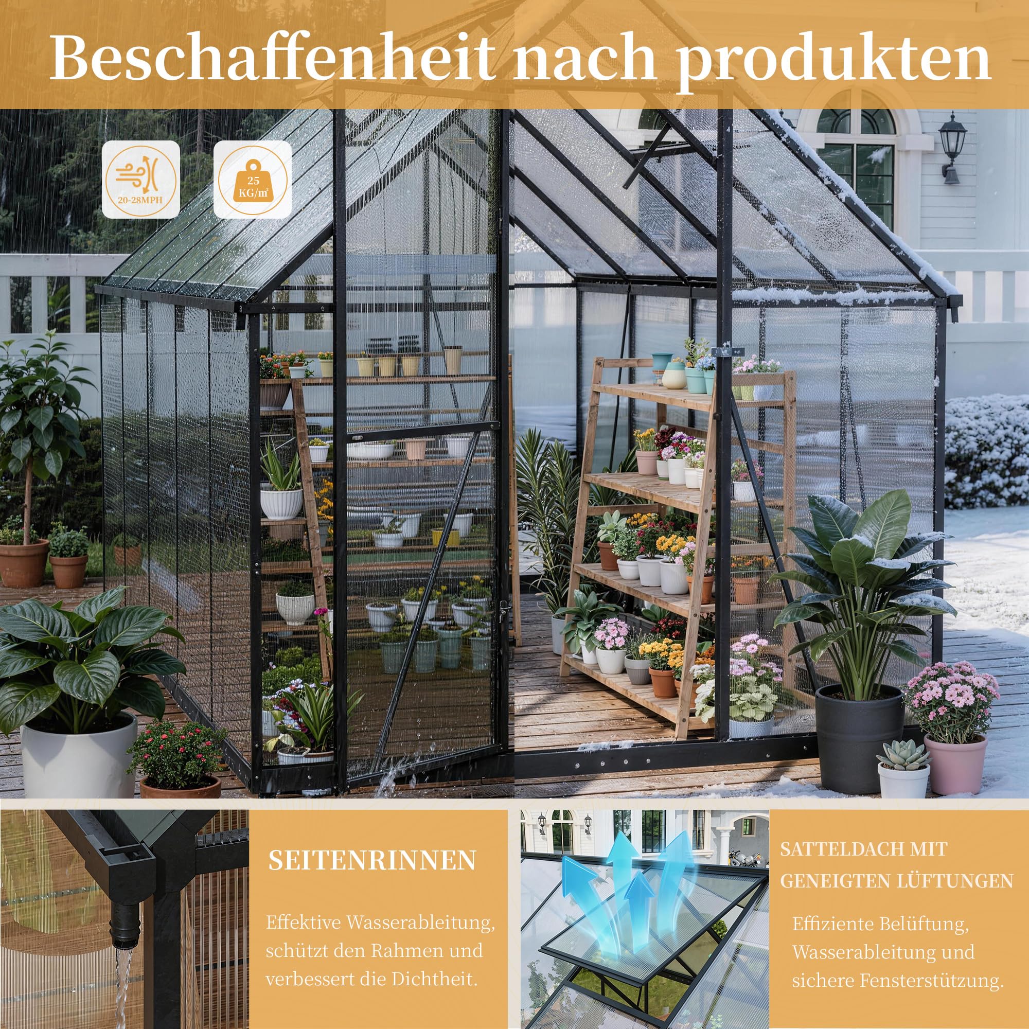 2026 Polycarbonat Gewächshaus Schwarz 281x175x195, Aluminiumrahmen Garten & Terrasse Pflanzenhaus mit Lüftungsfenster, Regenrinnen, Stabil Alle Wetter, Winterfest Außengewächshaus, Tomatengewächshaus