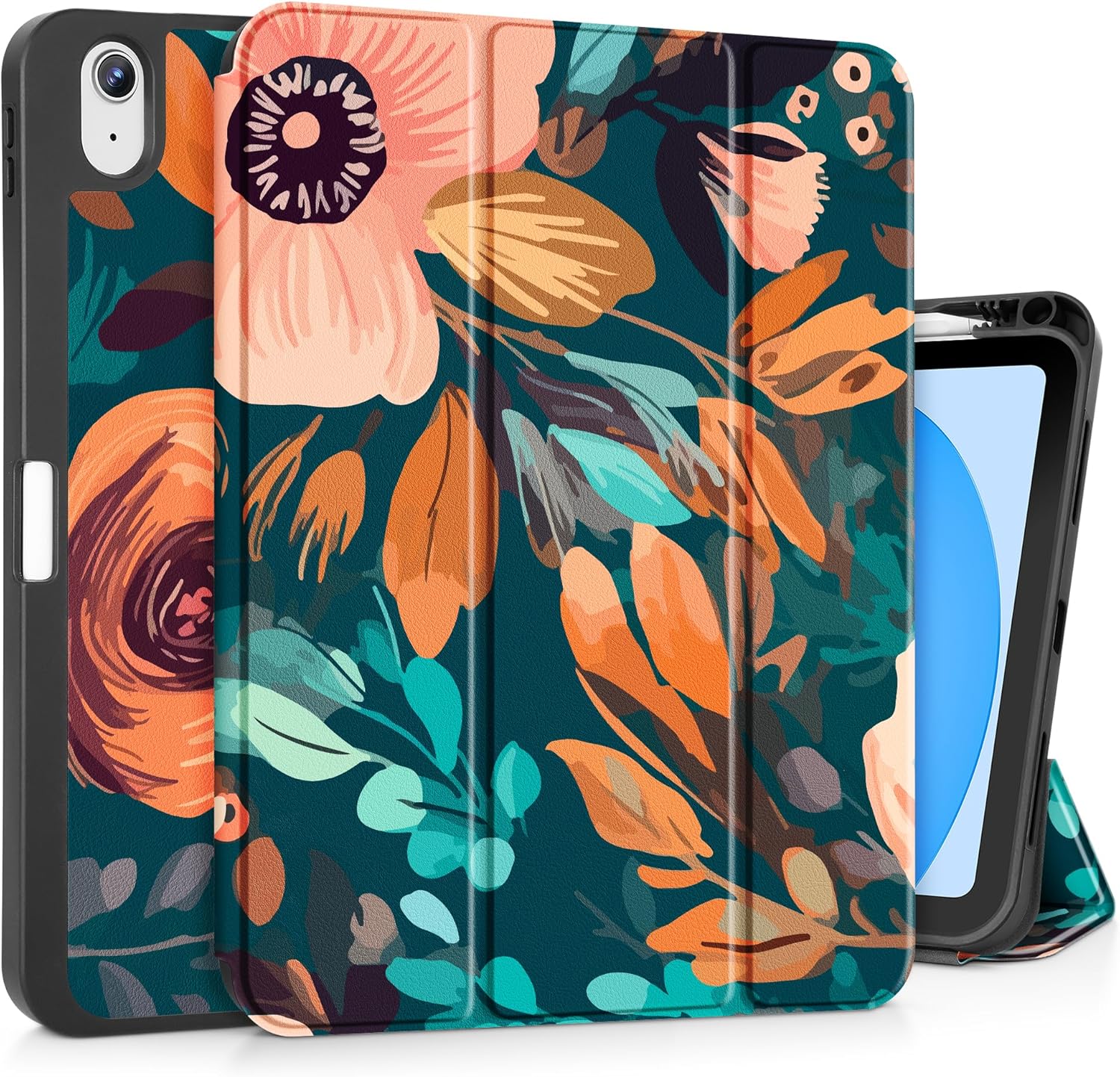 Mektron Case for iPad (A16) 11th Generation 11-inch 2025 Fit iPad 10th Gen 10.9 inch 2022, Tablet Cover with Trifold Stand + Pencil Holder + Auto Wake/Sleep + TPU Back Cover, Abstract Florals