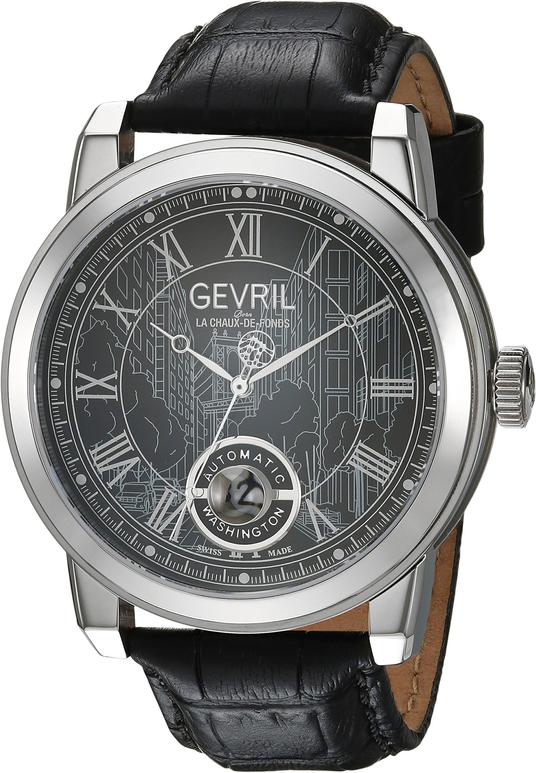 Gevril Washington Men's Swiss Automatic Black Leather Strap Watch, (Model: 2621L)